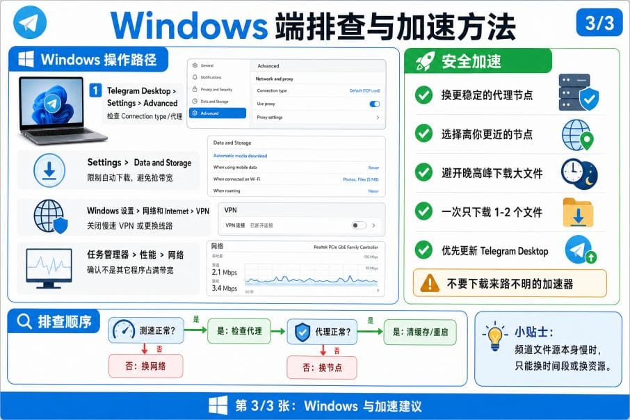 Windows 端排查 Telegram 下载慢和加速方法
