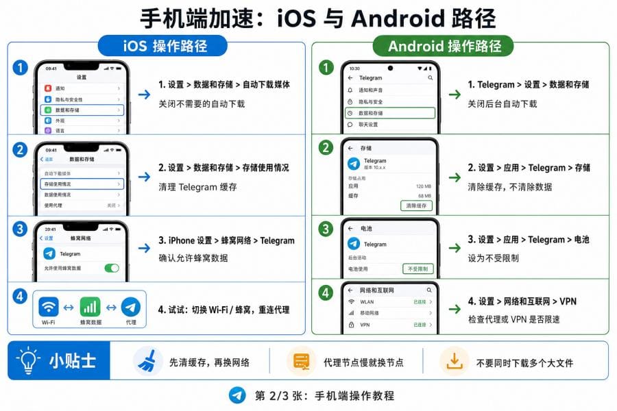 iOS 和 Android 提高 Telegram 下载速度的设置路径