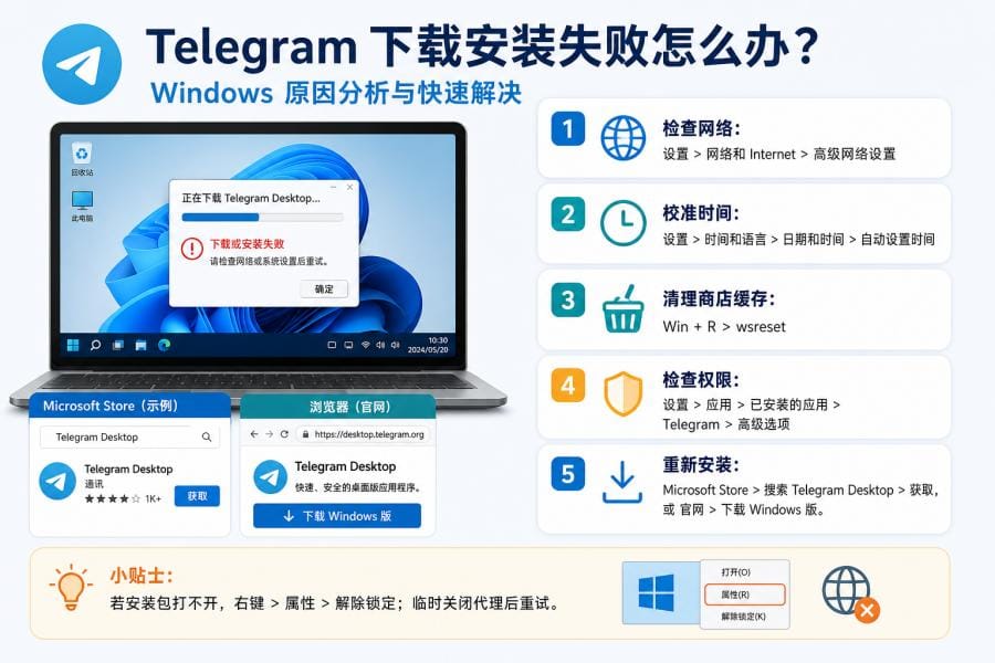 Windows Telegram Desktop 下载和安装失败排查步骤