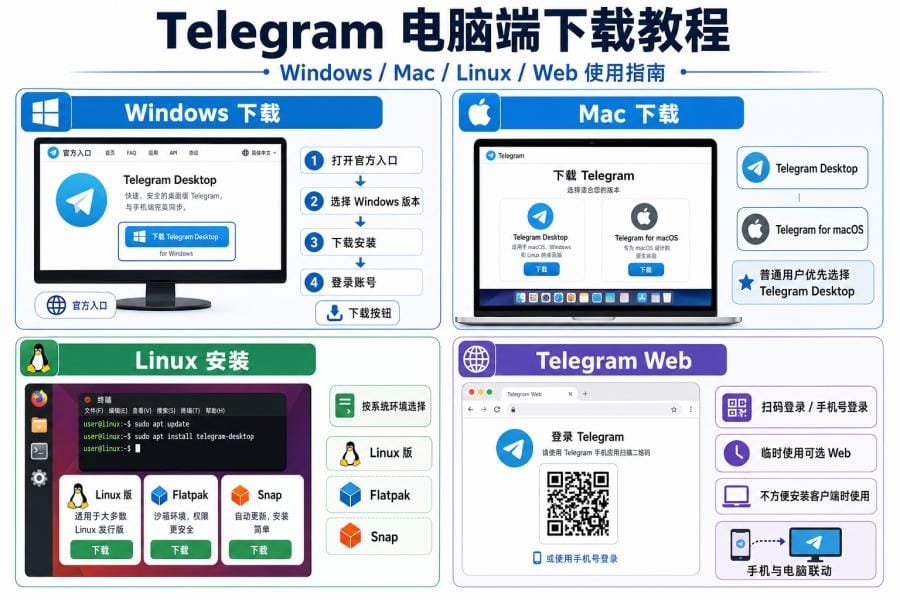Telegram Desktop 和 Web 官方下载选项