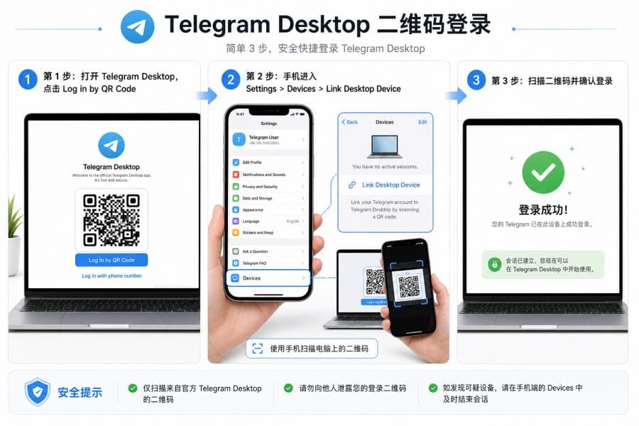 Telegram Desktop 安装后怎么登录？扫码登录、验证码收不到与同步设置教程 配图 1