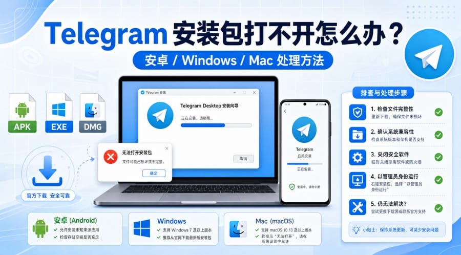 Telegram 安装包打不开怎么办?安卓、Windows 和 Mac 排查方法